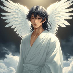 A Japanese real human male angel, featuring ethereal, white feathered wings elegantly spread behind him