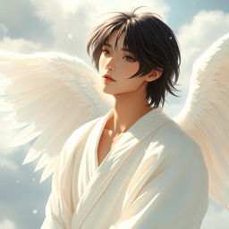 A Japanese real human male angel, featuring ethereal, white feathered wings elegantly spread behind him