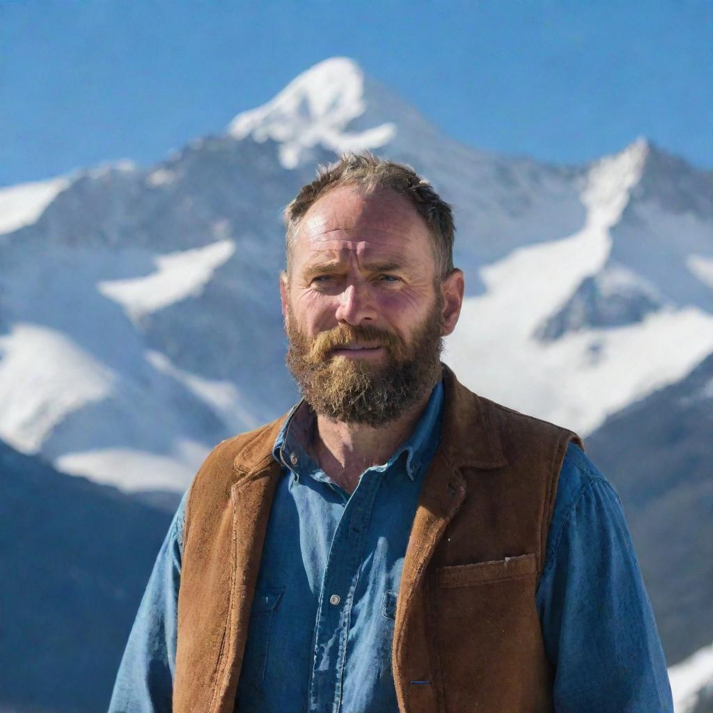 A rugged mountain man, standing against a backdrop of towering, snow-capped peaks beneath a crisp, blue sky.