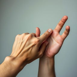 A close-up image showcasing two real male hands against a simple, neutral background