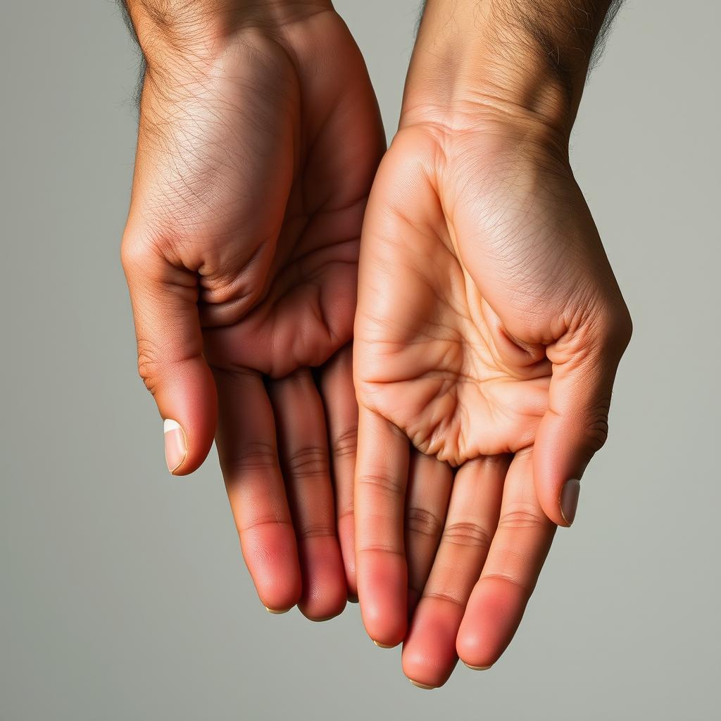 A close-up image showcasing two real male hands against a simple, neutral background