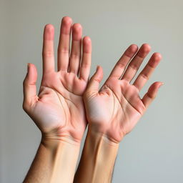 A close-up image showcasing two real male hands against a simple, neutral background