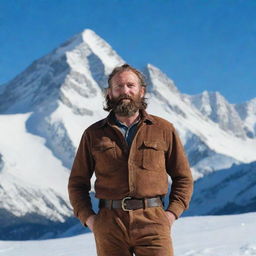 A rugged mountain man, standing against a backdrop of towering, snow-capped peaks beneath a crisp, blue sky.