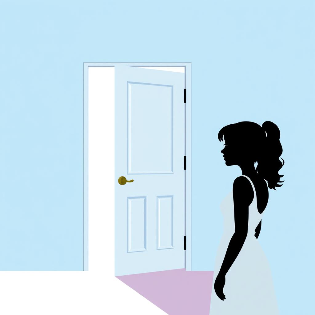 An illustration featuring a light blue background and a slightly ajar white door, emanating a soft light that suggests something intriguing behind it