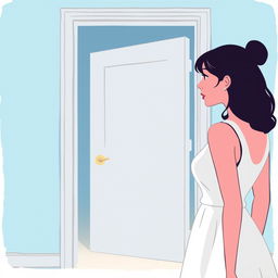 An illustration featuring a light blue background and a slightly ajar white door, emanating a soft light that suggests something intriguing behind it