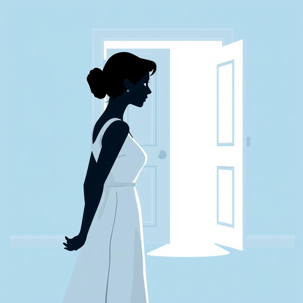 An illustration featuring a light blue background and a slightly ajar white door, emanating a soft light that suggests something intriguing behind it