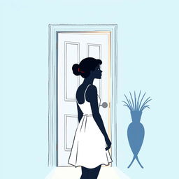 An illustration featuring a light blue background and a slightly ajar white door, emanating a soft light that suggests something intriguing behind it