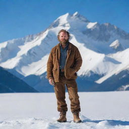 A rugged mountain man, standing against a backdrop of towering, snow-capped peaks beneath a crisp, blue sky.