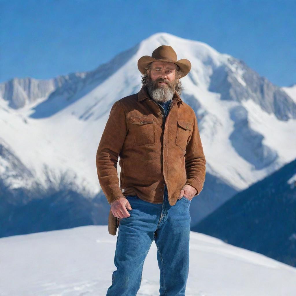 A rugged mountain man, standing against a backdrop of towering, snow-capped peaks beneath a crisp, blue sky.