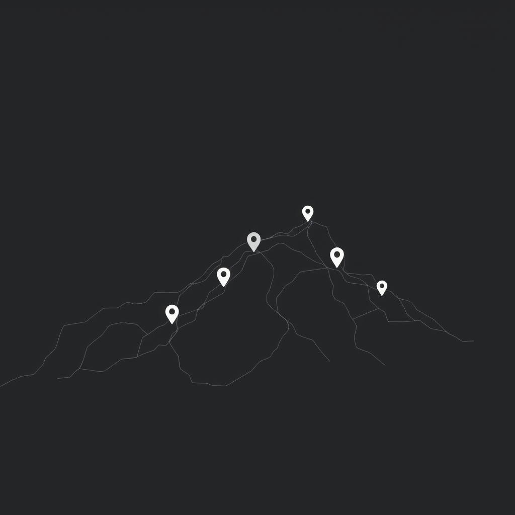 A minimalistic digital artwork featuring a topographic map with GPS points, designed in a dark gray-ish color palette