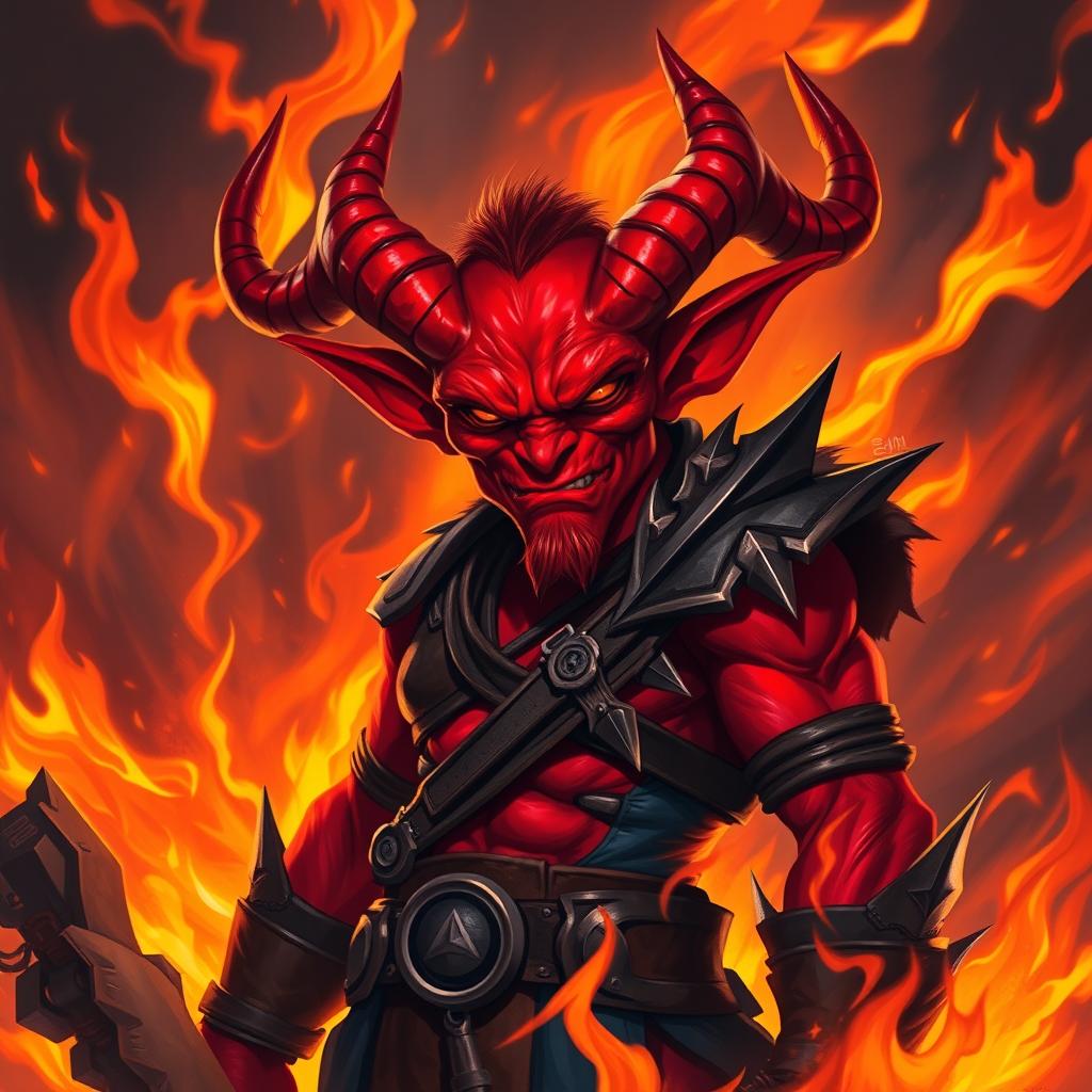 A striking red Tiefling character, featuring prominent horns and a mischievous expression, standing confidently amidst swirling flames