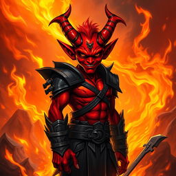 A striking red Tiefling character, featuring prominent horns and a mischievous expression, standing confidently amidst swirling flames