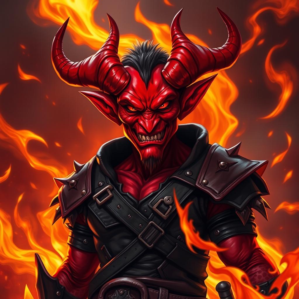 A striking red Tiefling character, featuring prominent horns and a mischievous expression, standing confidently amidst swirling flames