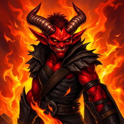 A striking red Tiefling character, featuring prominent horns and a mischievous expression, standing confidently amidst swirling flames