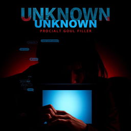 A suspense movie poster depicting the theme of a chat with a killer, featuring the title 'Unknown' prominently displayed at the top in bold, unsettling font