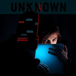 A suspense movie poster depicting the theme of a chat with a killer, featuring the title 'Unknown' prominently displayed at the top in bold, unsettling font