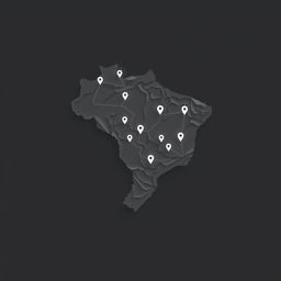 A minimalistic digital artwork depicting a topographic map of Brazil, highlighting its various regions with GPS points