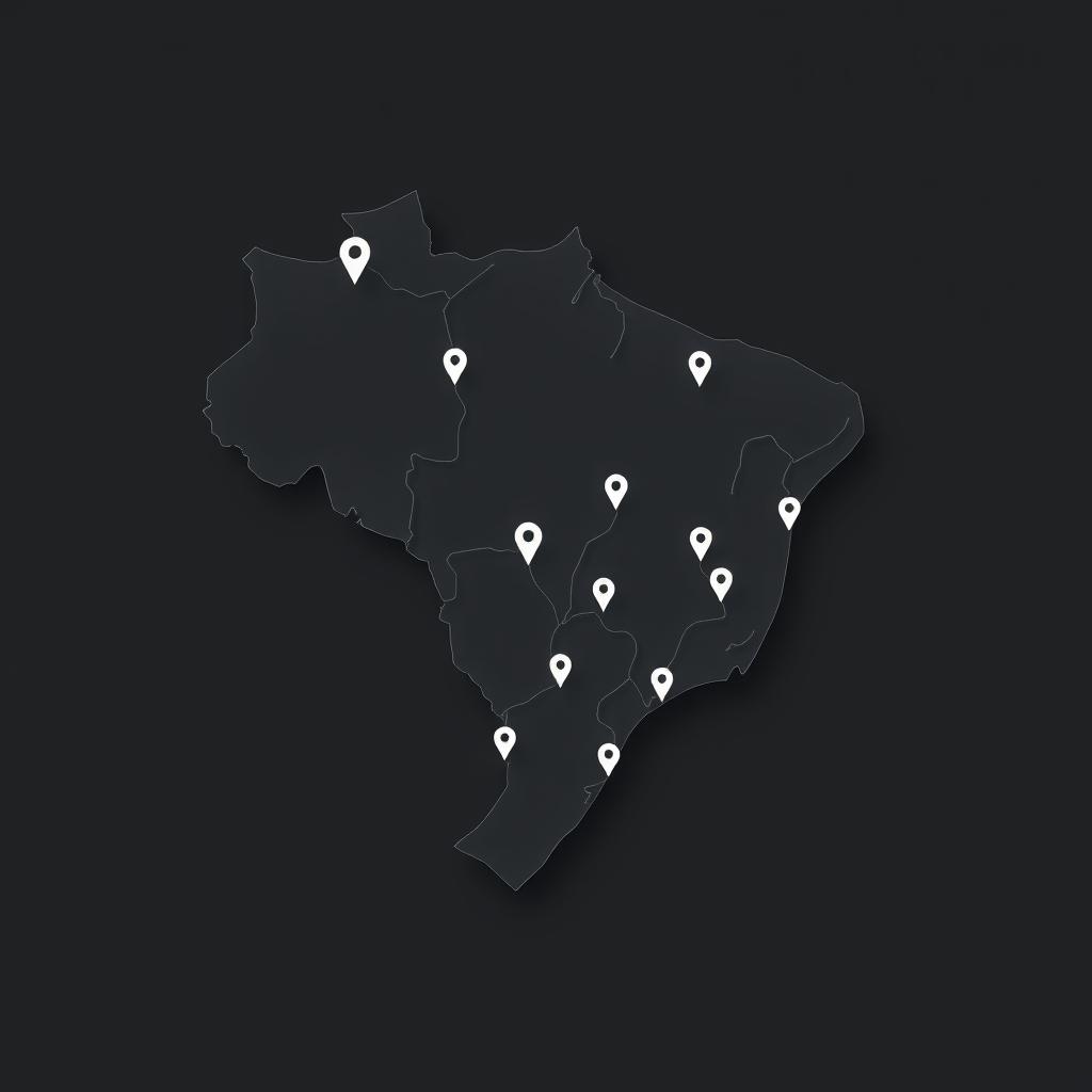 A minimalistic digital artwork depicting a topographic map of Brazil, highlighting its various regions with GPS points