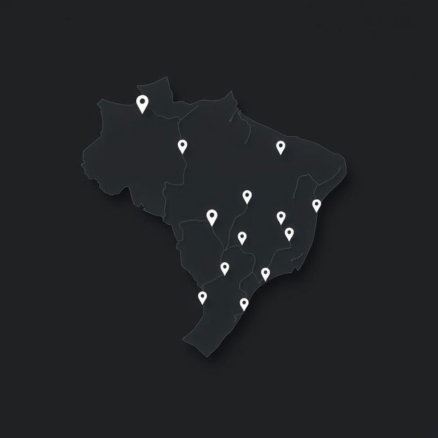 A minimalistic digital artwork depicting a topographic map of Brazil, highlighting its various regions with GPS points