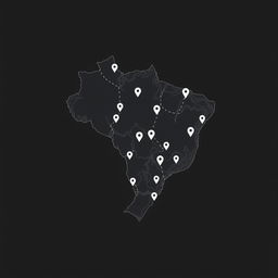 A minimalistic digital artwork depicting a topographic map of Brazil, highlighting its various regions with GPS points