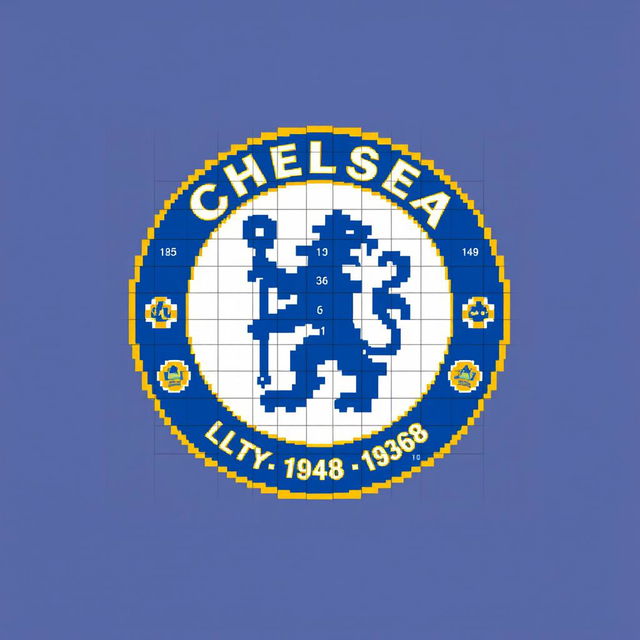 A pixel art representation of the Chelsea FC logo designed in a 36x36 pixel grid, including numbered squares for each pixel