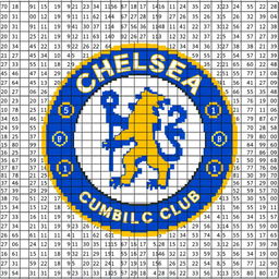 A pixel art representation of the Chelsea FC logo designed in a 36x36 pixel grid, including numbered squares for each pixel