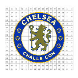 A pixel art representation of the Chelsea FC logo designed in a 36x36 pixel grid, including numbered squares for each pixel