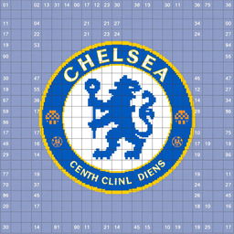 A pixel art representation of the Chelsea FC logo designed in a 36x36 pixel grid, including numbered squares for each pixel