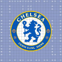 A pixel art representation of the Chelsea FC logo designed in a 36x36 pixel grid, including numbered squares for each pixel