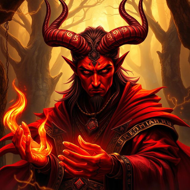 A captivating red mage with intricate, elegantly curved horns protruding from their forehead