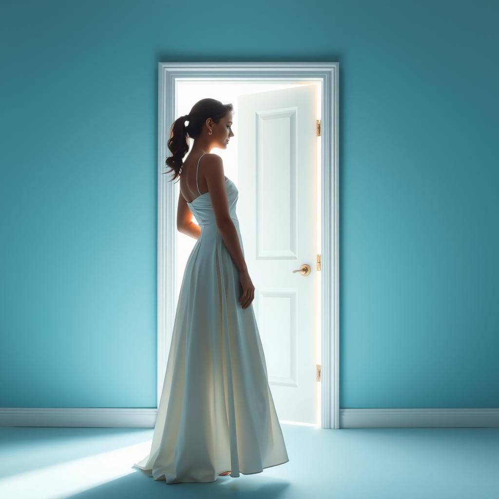 A light blue background featuring a white door slightly ajar, emitting a soft ethereal light that suggests something intriguing lies behind it