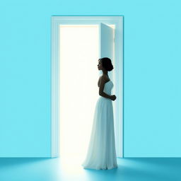 A light blue background featuring a white door slightly ajar, emitting a soft ethereal light that suggests something intriguing lies behind it