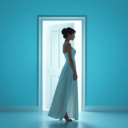 A light blue background featuring a white door slightly ajar, emitting a soft ethereal light that suggests something intriguing lies behind it