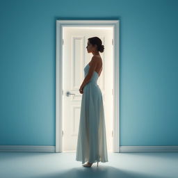 A light blue background featuring a white door slightly ajar, emitting a soft ethereal light that suggests something intriguing lies behind it