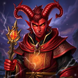 A striking male red mage with majestic, curling horns emerging from his forehead, embodying strength and confidence