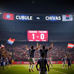 A dramatic sports scene depicting a tense soccer match between Cruz Azul and Chivas, where Cruz Azul wins 1-0