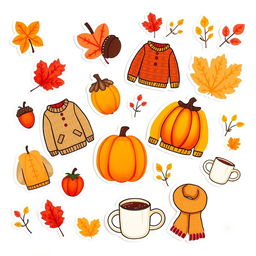 A collection of cozy autumn-themed stickers on a white background