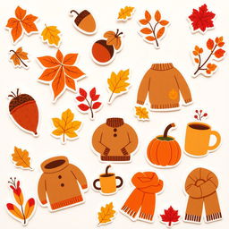 A collection of cozy autumn-themed stickers on a white background