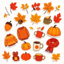 A collection of cozy autumn-themed stickers on a white background