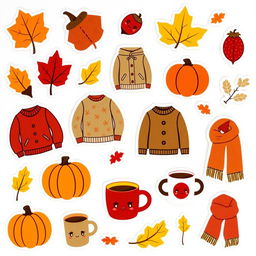 A collection of cozy autumn-themed stickers on a white background