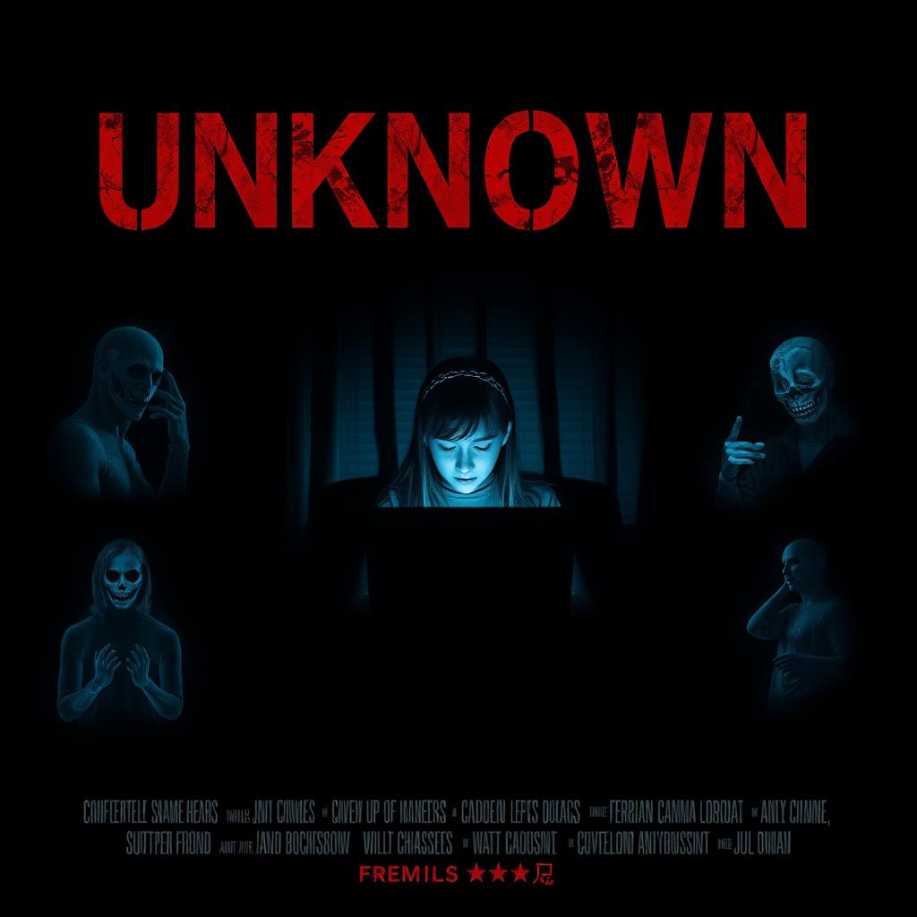 A suspense movie poster titled 'Unknown' displayed prominently at the top in striking, mysterious font