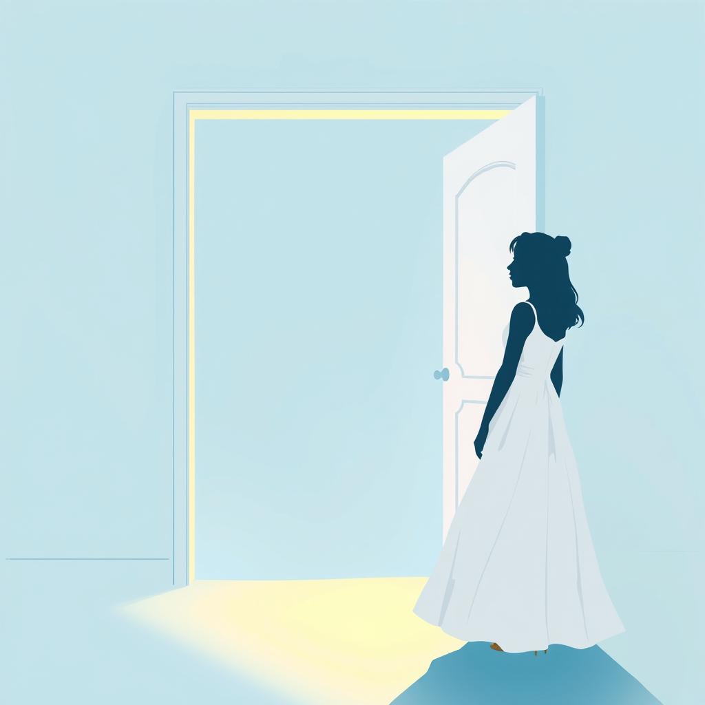 A captivating illustration featuring a light blue background and a white door slightly ajar, from which a soft, warm light emanates, hinting at something intriguing hidden behind it