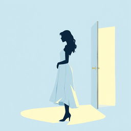 A captivating illustration featuring a light blue background and a white door slightly ajar, from which a soft, warm light emanates, hinting at something intriguing hidden behind it