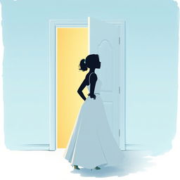 A captivating illustration featuring a light blue background and a white door slightly ajar, from which a soft, warm light emanates, hinting at something intriguing hidden behind it