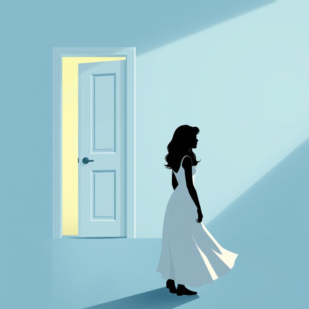 A captivating illustration featuring a light blue background and a white door slightly ajar, from which a soft, warm light emanates, hinting at something intriguing hidden behind it