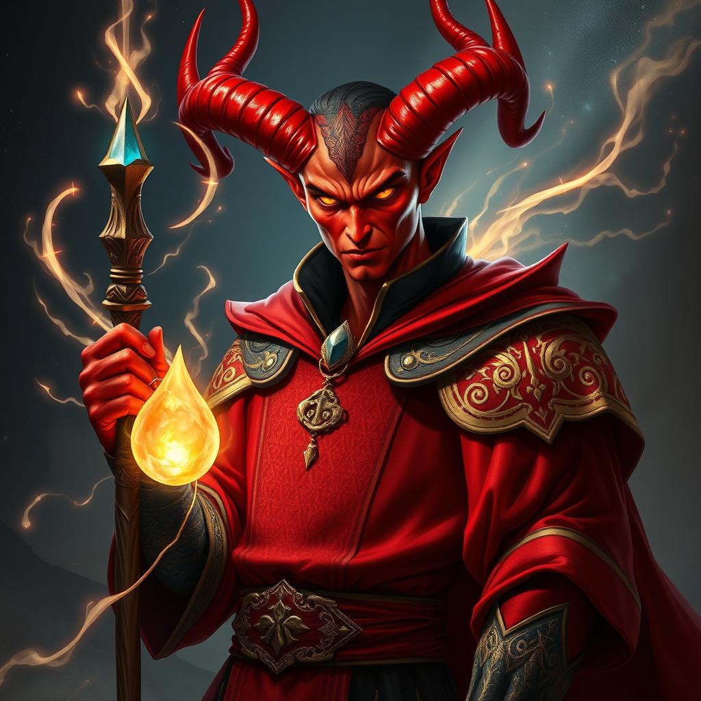 A fierce male red mage with striking, prominent horns that curve elegantly from his forehead