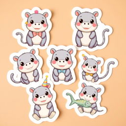 A collection of adorable stickers featuring a cute cat-hippo hybrid on a white background