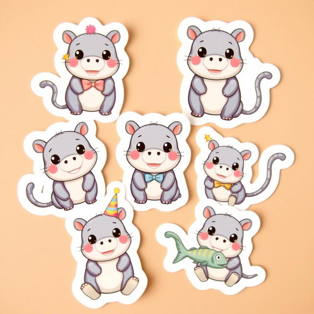 A collection of adorable stickers featuring a cute cat-hippo hybrid on a white background