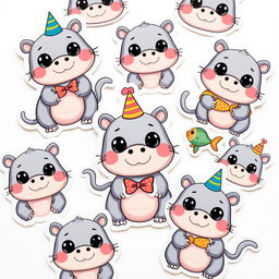 A collection of adorable stickers featuring a cute cat-hippo hybrid on a white background