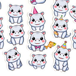 A collection of adorable stickers featuring a cute cat-hippo hybrid on a white background